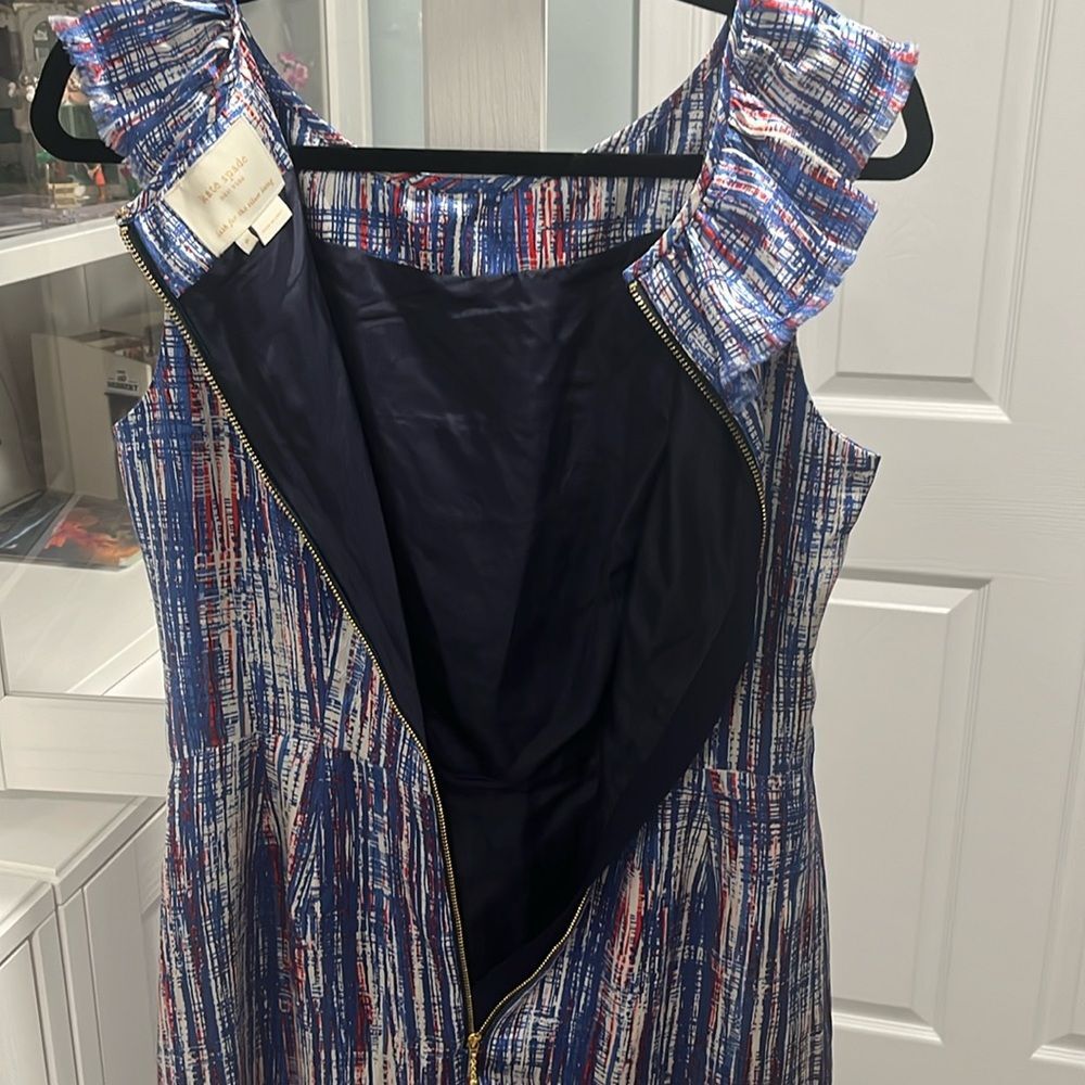 KATE SPADE Silk Shift Dress Ruffle Neckline Multicolor Sleeveless, Size 6 - Picture 10 of 11